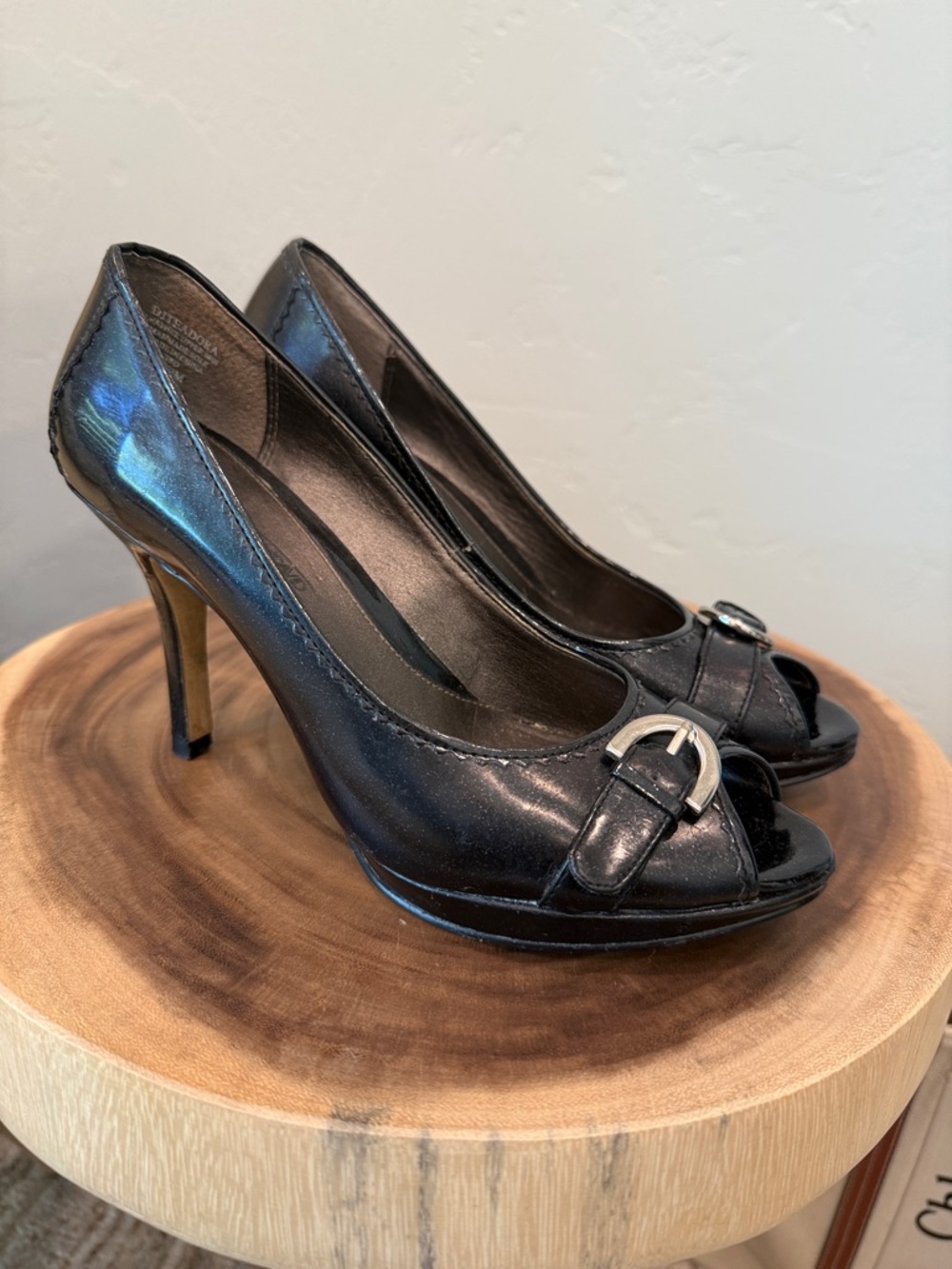 Joan & David Black Peep-Toe Heels with Silver Buckle